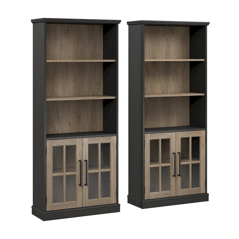 5-Shelf Bookcase with Glass Doors, Set of 2 – Farmhouse Style, Adjustable Shelves