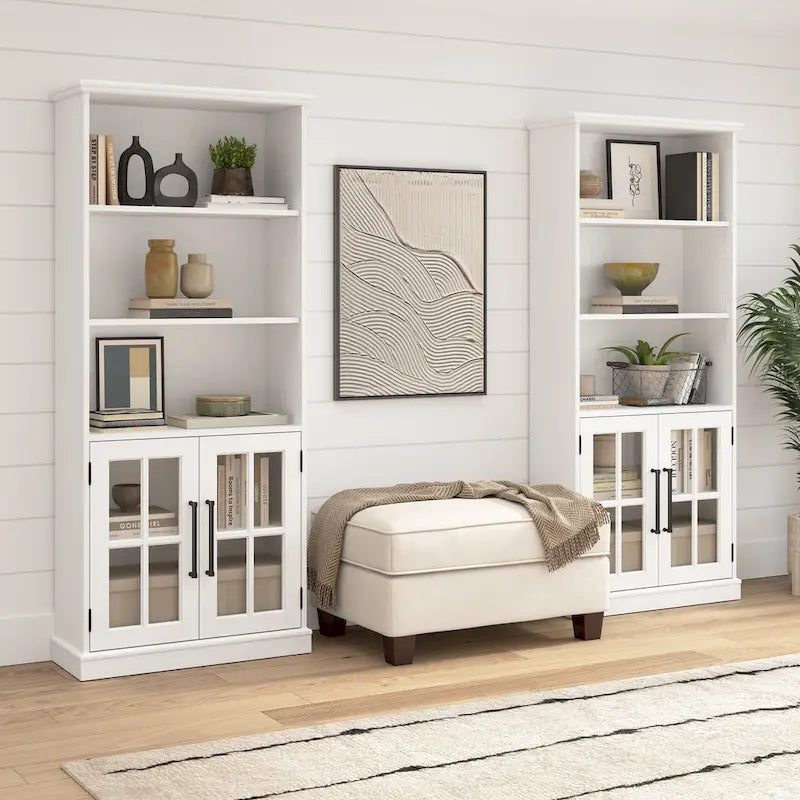 5-Shelf Bookcase with Glass Doors, Set of 2 – Farmhouse Style, Adjustable Shelves