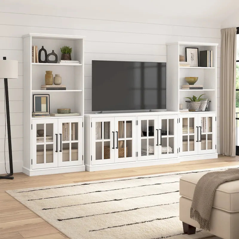 5-Shelf Bookcase with Glass Doors, Set of 2 – Farmhouse Style, Adjustable Shelves
