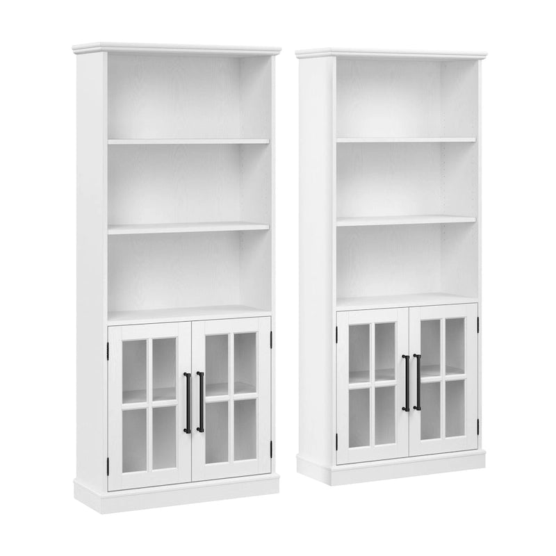 5-Shelf Bookcase with Glass Doors, Set of 2 – Farmhouse Style, Adjustable Shelves