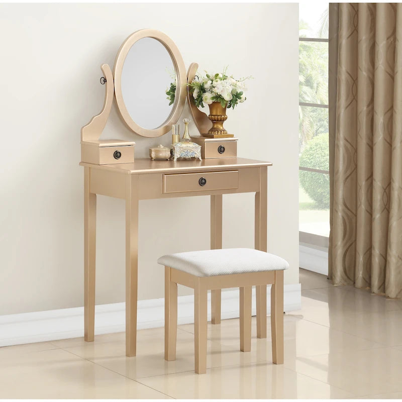 Makeup Vanity Table & Stool Set with Adjustable Oval Mirror & 3 Drawers – Multiple Colors