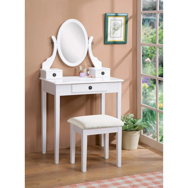Makeup Vanity Table & Stool Set with Adjustable Oval Mirror & 3 Drawers – Multiple Colors