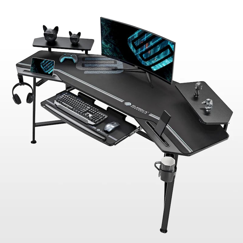 72" Wing-Shaped Gaming Desk with Keyboard Tray, RGB Monitor Shelves, Cup Holder & Headphone Hook