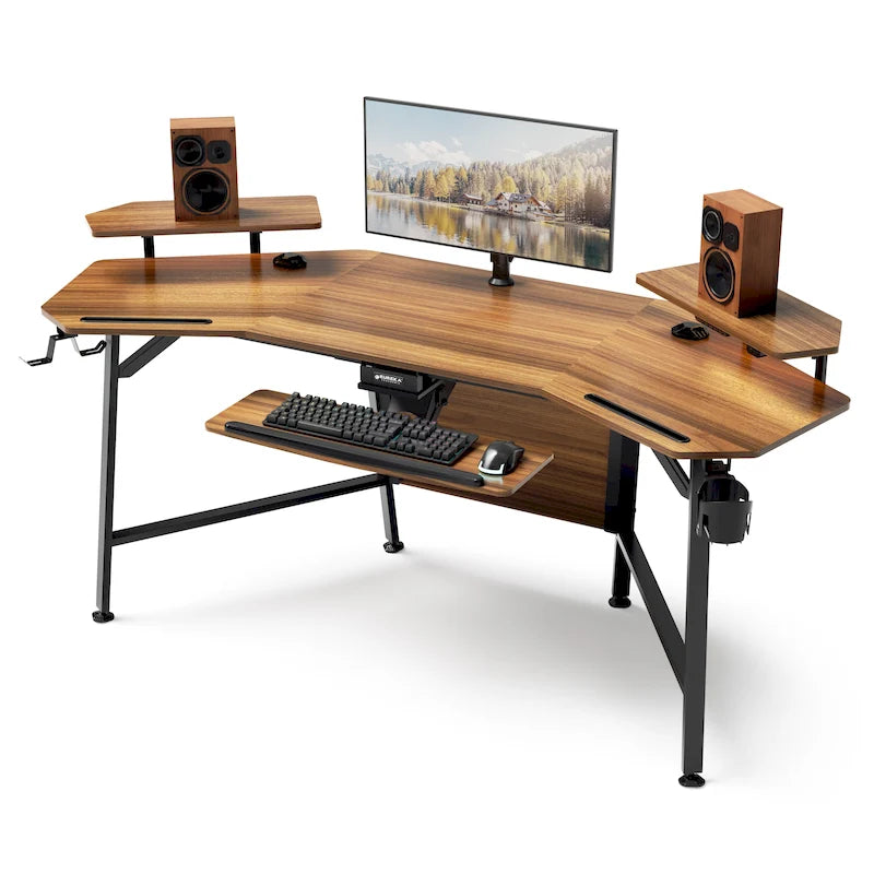 72" Wing-Shaped Gaming Desk with Keyboard Tray, RGB Monitor Shelves, Cup Holder & Headphone Hook