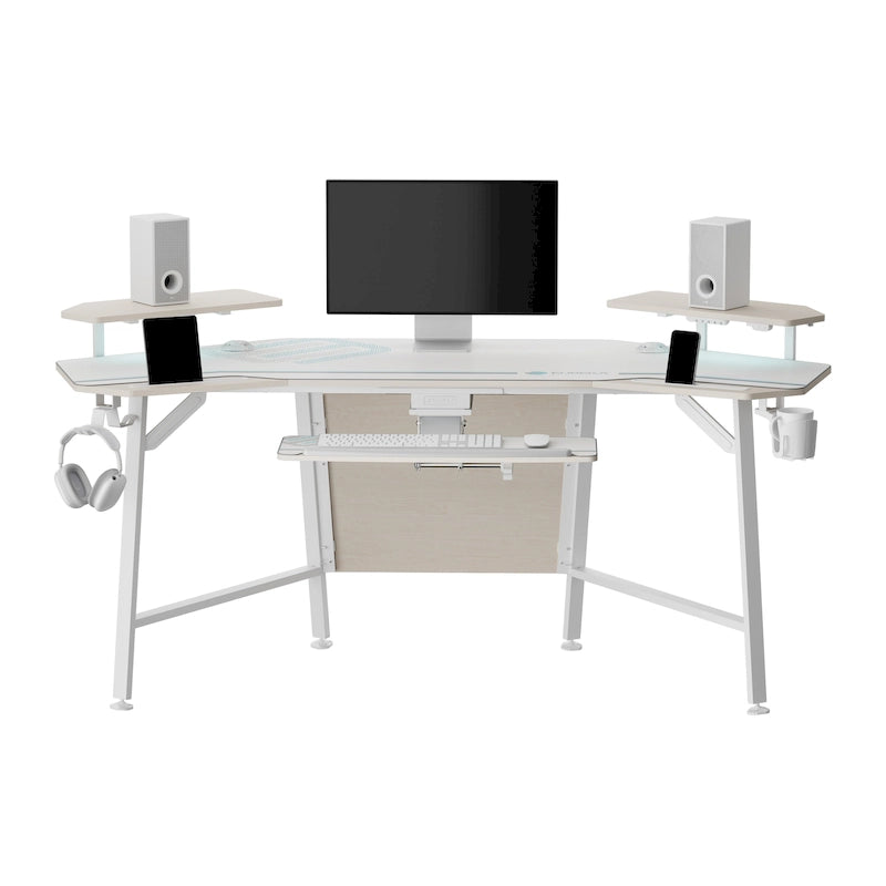72" Wing-Shaped Gaming Desk with Keyboard Tray, RGB Monitor Shelves, Cup Holder & Headphone Hook