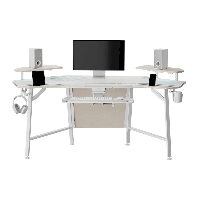 72" Wing-Shaped Gaming Desk with Keyboard Tray, RGB Monitor Shelves, Cup Holder & Headphone Hook