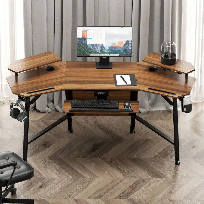 72" Wing-Shaped Gaming Desk with Keyboard Tray, RGB Monitor Shelves, Cup Holder & Headphone Hook