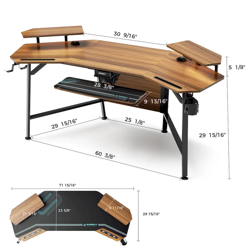 72" Wing-Shaped Gaming Desk with Keyboard Tray, RGB Monitor Shelves, Cup Holder & Headphone Hook