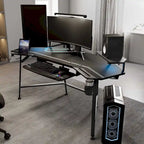 72" Wing-Shaped Gaming Desk with Keyboard Tray, RGB Monitor Shelves, Cup Holder & Headphone Hook