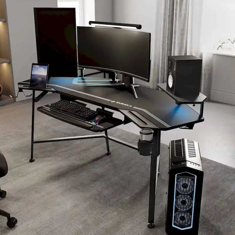 72" Wing-Shaped Gaming Desk with Keyboard Tray, RGB Monitor Shelves, Cup Holder & Headphone Hook