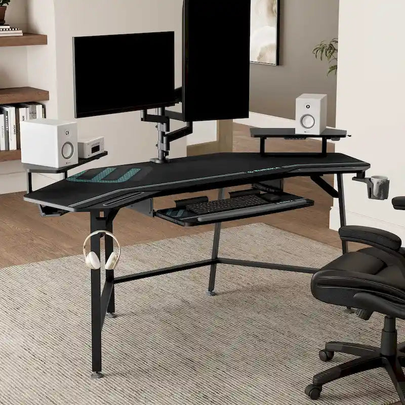 72" Wing-Shaped Gaming Desk with Keyboard Tray, RGB Monitor Shelves, Cup Holder & Headphone Hook