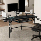 72" Wing-Shaped Gaming Desk with Keyboard Tray, RGB Monitor Shelves, Cup Holder & Headphone Hook