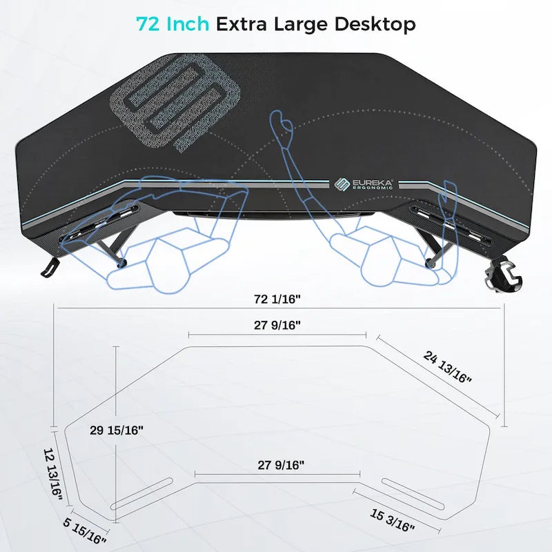 72" Wing-Shaped Gaming Desk with Keyboard Tray, RGB Monitor Shelves, Cup Holder & Headphone Hook