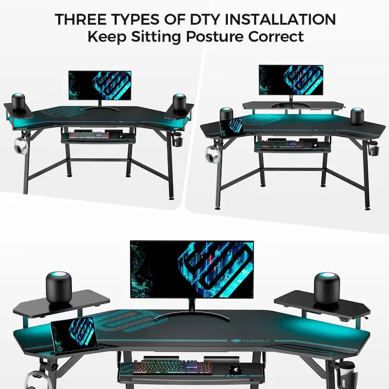 72" Wing-Shaped Gaming Desk with Keyboard Tray, RGB Monitor Shelves, Cup Holder & Headphone Hook