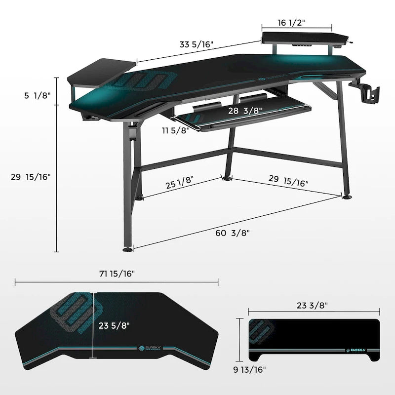 72" Wing-Shaped Gaming Desk with Keyboard Tray, RGB Monitor Shelves, Cup Holder & Headphone Hook