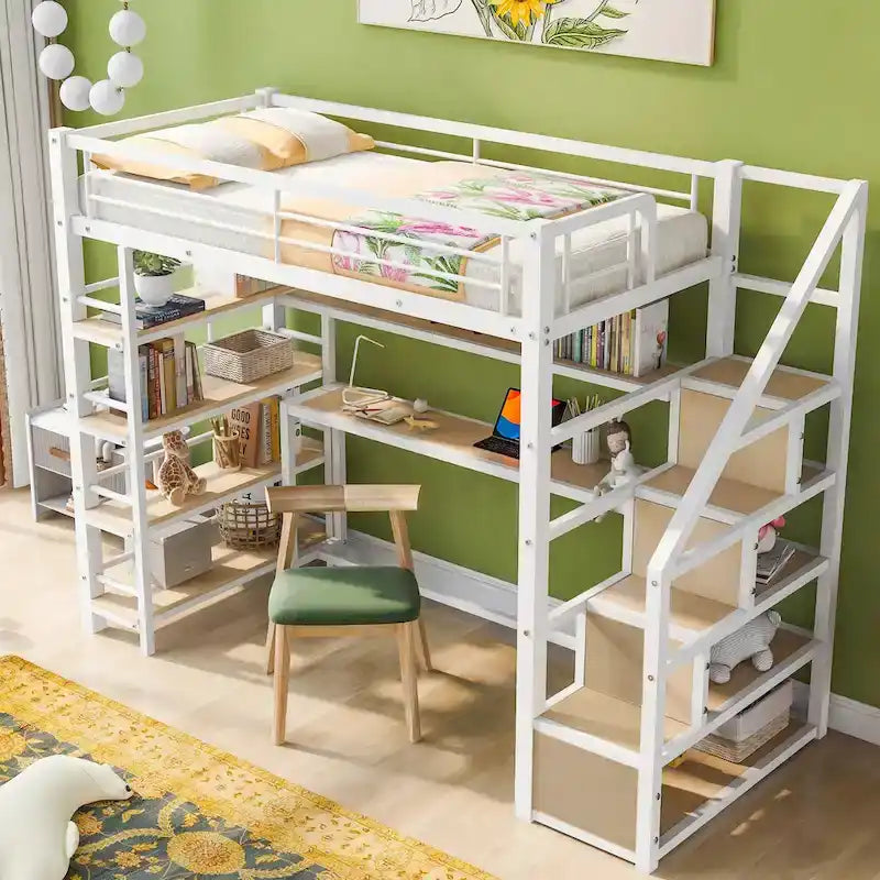 Twin Metal Loft Bed with Staircase, Built-in Desk, 4-Tier Shelf & Guardrails, White