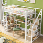 Twin Metal Loft Bed with Staircase, Built-in Desk, 4-Tier Shelf & Guardrails, White