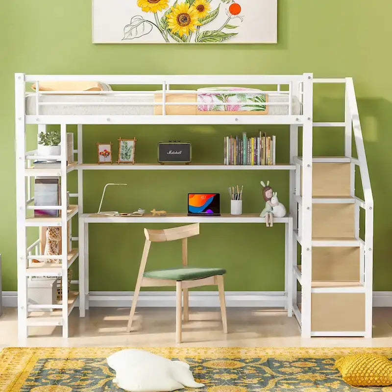 Twin Metal Loft Bed with Staircase, Built-in Desk, 4-Tier Shelf & Guardrails, White
