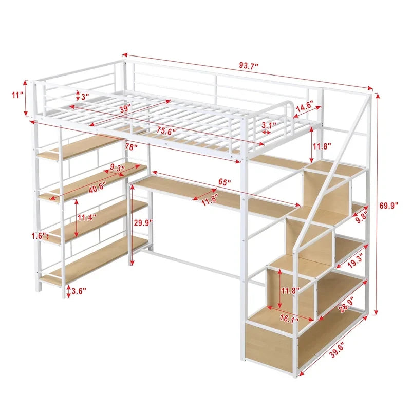 Twin Metal Loft Bed with Staircase, Built-in Desk, 4-Tier Shelf & Guardrails, White