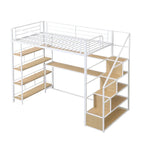 Twin Metal Loft Bed with Staircase, Built-in Desk, 4-Tier Shelf & Guardrails, White