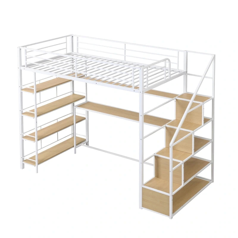 Twin Metal Loft Bed with Staircase, Built-in Desk, 4-Tier Shelf & Guardrails, White