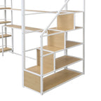 Twin Metal Loft Bed with Staircase, Built-in Desk, 4-Tier Shelf & Guardrails, White