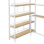 Twin Metal Loft Bed with Staircase, Built-in Desk, 4-Tier Shelf & Guardrails, White