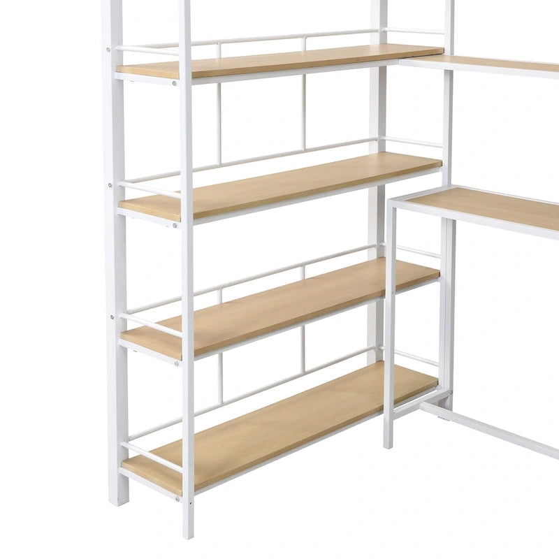 Twin Metal Loft Bed with Staircase, Built-in Desk, 4-Tier Shelf & Guardrails, White