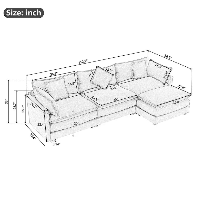 L-Shaped Chenille Sectional Sofa with Removable Ottoman & 5 Pillows, Foam & Spring Support, 112.2"L