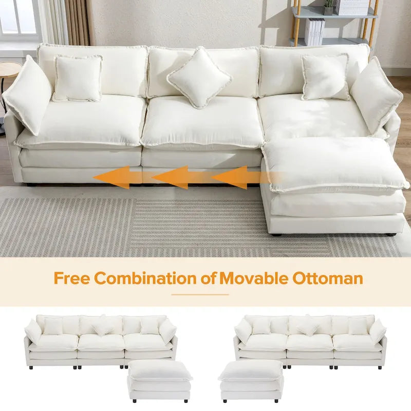 L-Shaped Chenille Sectional Sofa with Removable Ottoman & 5 Pillows, Foam & Spring Support, 112.2"L