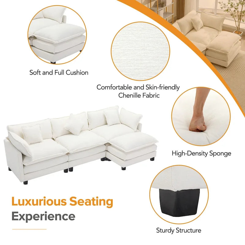 L-Shaped Chenille Sectional Sofa with Removable Ottoman & 5 Pillows, Foam & Spring Support, 112.2"L