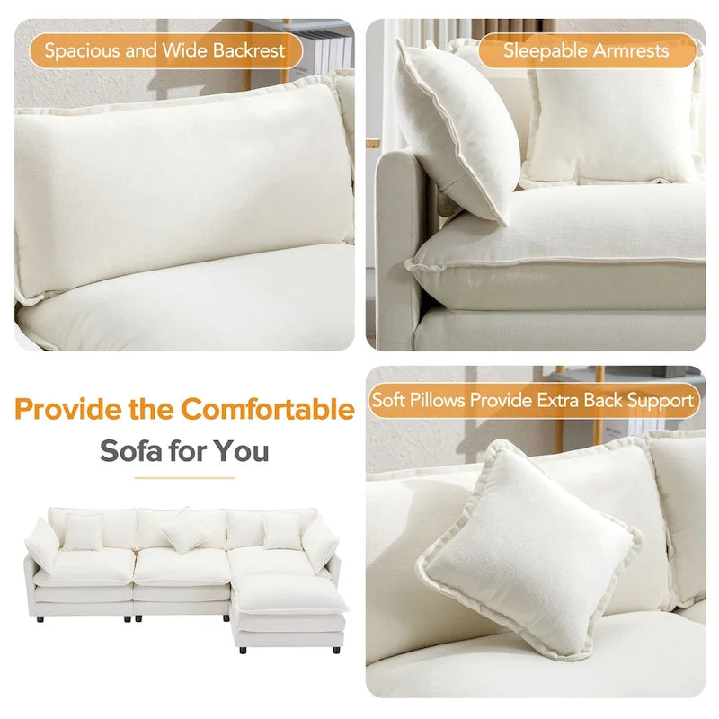 L-Shaped Chenille Sectional Sofa with Removable Ottoman & 5 Pillows, Foam & Spring Support, 112.2"L