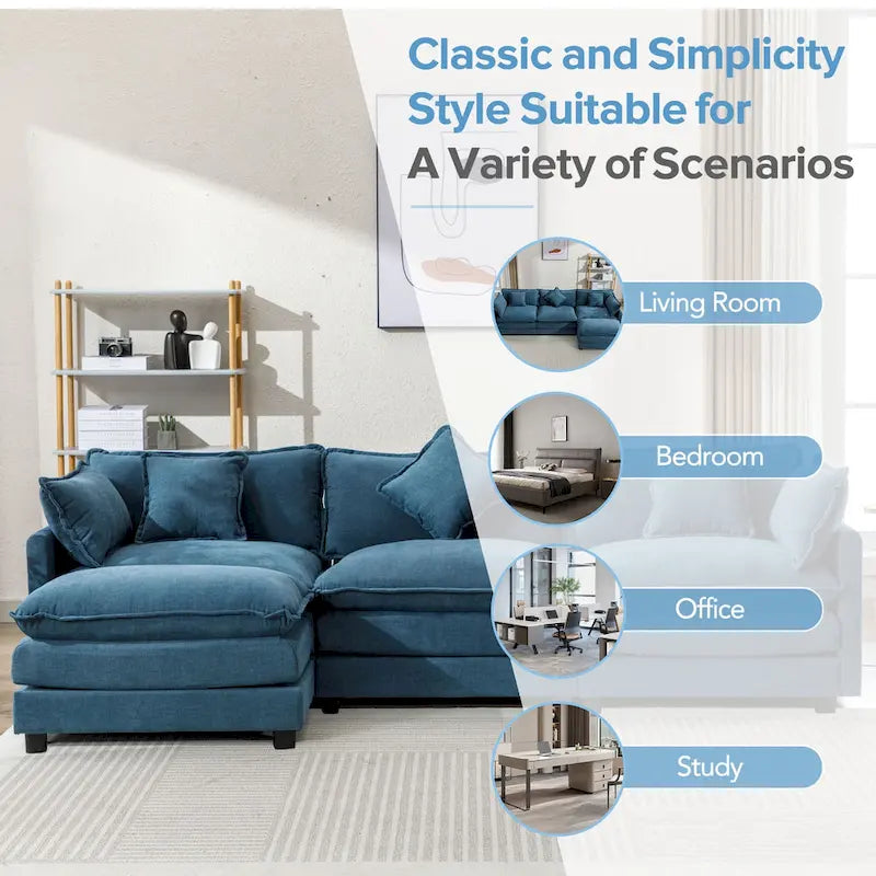 L-Shaped Chenille Sectional Sofa with Removable Ottoman & 5 Pillows, Foam & Spring Support, 112.2"L