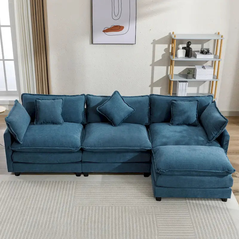 L-Shaped Chenille Sectional Sofa with Removable Ottoman & 5 Pillows, Foam & Spring Support, 112.2"L