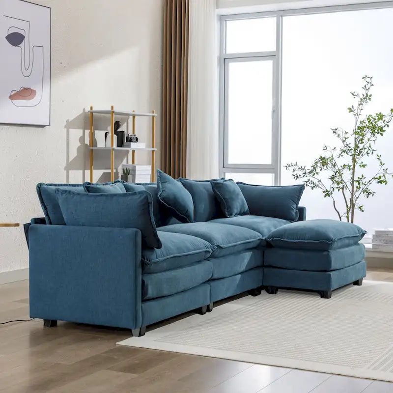 L-Shaped Chenille Sectional Sofa with Removable Ottoman & 5 Pillows, Foam & Spring Support, 112.2"L