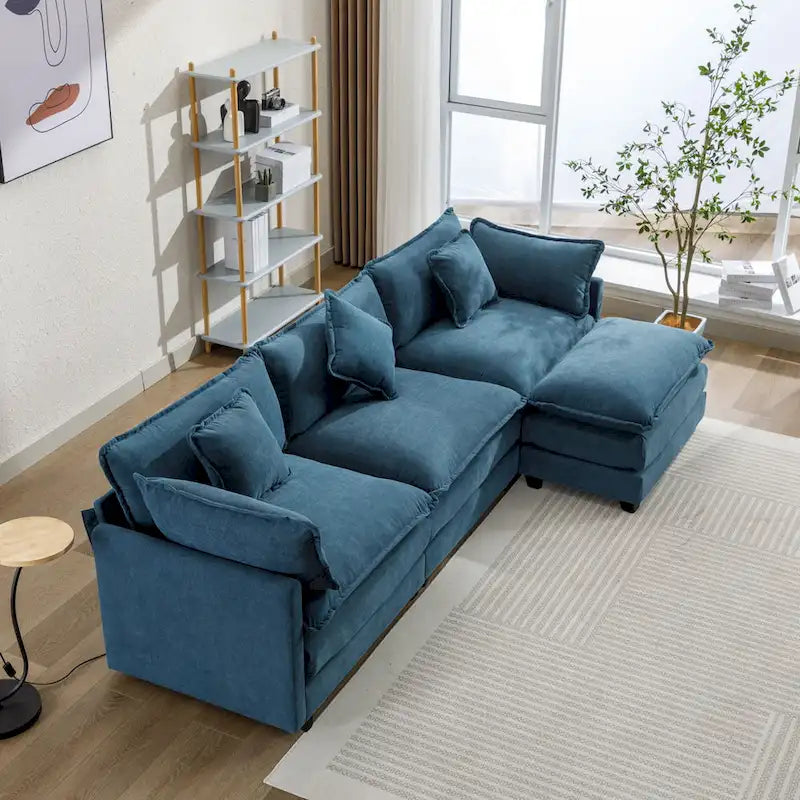 L-Shaped Chenille Sectional Sofa with Removable Ottoman & 5 Pillows, Foam & Spring Support, 112.2"L