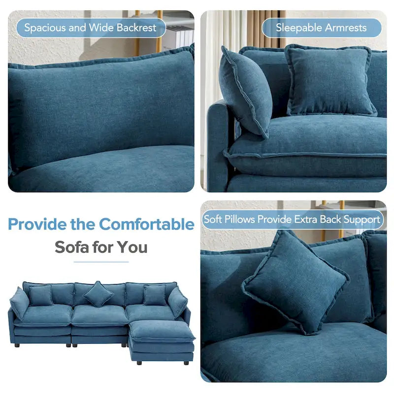 L-Shaped Chenille Sectional Sofa with Removable Ottoman & 5 Pillows, Foam & Spring Support, 112.2"L