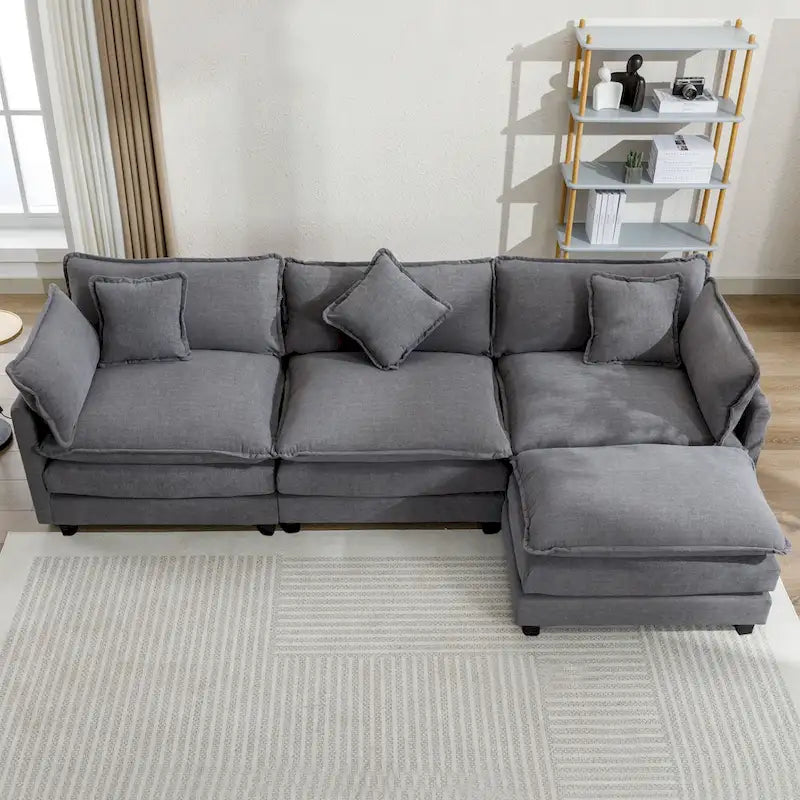 L-Shaped Chenille Sectional Sofa with Removable Ottoman & 5 Pillows, Foam & Spring Support, 112.2"L