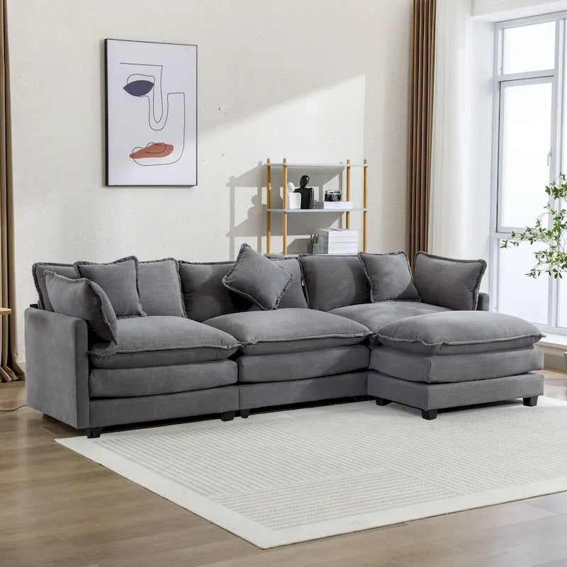L-Shaped Chenille Sectional Sofa with Removable Ottoman & 5 Pillows, Foam & Spring Support, 112.2"L