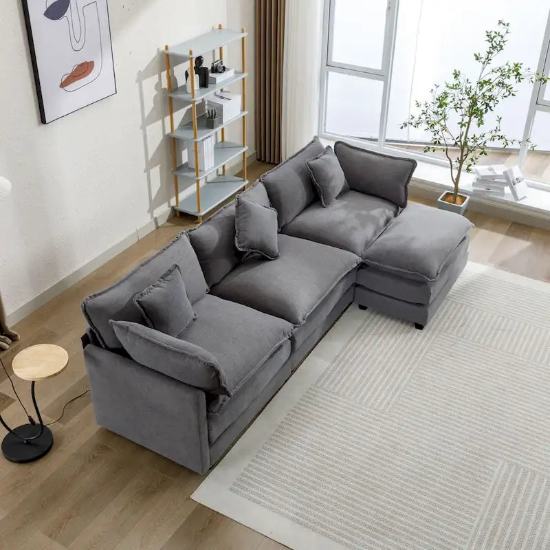 L-Shaped Chenille Sectional Sofa with Removable Ottoman & 5 Pillows, Foam & Spring Support, 112.2"L