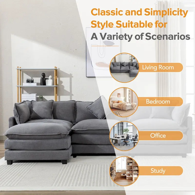 L-Shaped Chenille Sectional Sofa with Removable Ottoman & 5 Pillows, Foam & Spring Support, 112.2"L