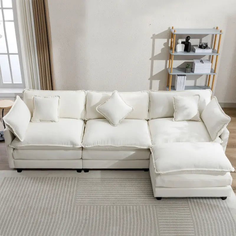 L-Shaped Chenille Sectional Sofa with Removable Ottoman & 5 Pillows, Foam & Spring Support, 112.2"L