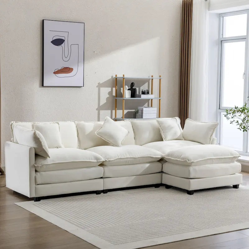 L-Shaped Chenille Sectional Sofa with Removable Ottoman & 5 Pillows, Foam & Spring Support, 112.2"L
