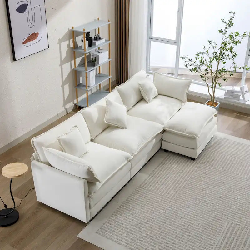 L-Shaped Chenille Sectional Sofa with Removable Ottoman & 5 Pillows, Foam & Spring Support, 112.2"L
