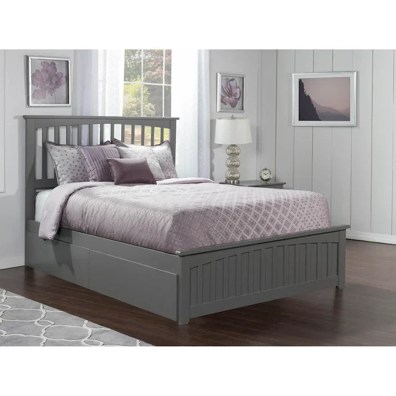 Queen Platform Bed with Mission Headboard, 2 Underbed Drawers & USB Charging, Solid Wood, Grey