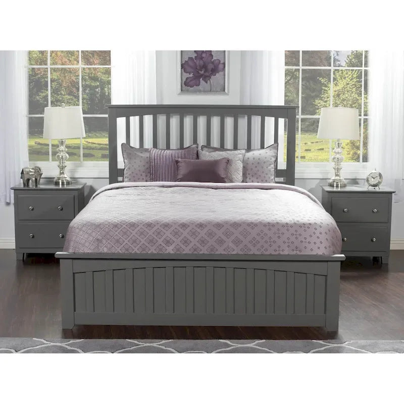 Queen Platform Bed with Mission Headboard, 2 Underbed Drawers & USB Charging, Solid Wood, Grey