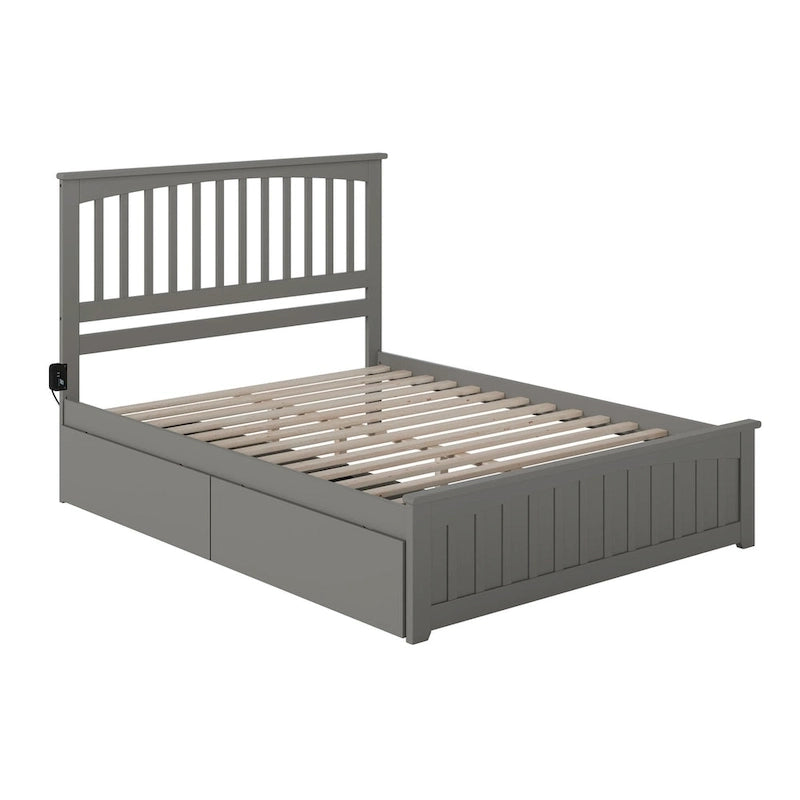 Queen Platform Bed with Mission Headboard, 2 Underbed Drawers & USB Charging, Solid Wood, Grey