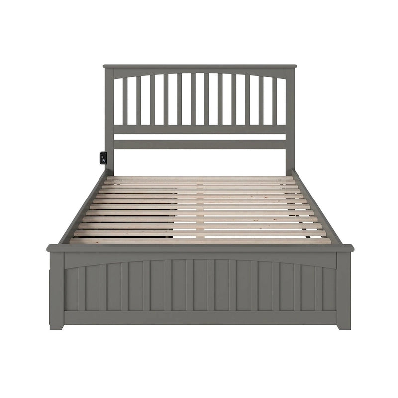 Queen Platform Bed with Mission Headboard, 2 Underbed Drawers & USB Charging, Solid Wood, Grey