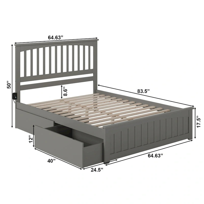 Queen Platform Bed with Mission Headboard, 2 Underbed Drawers & USB Charging, Solid Wood, Grey