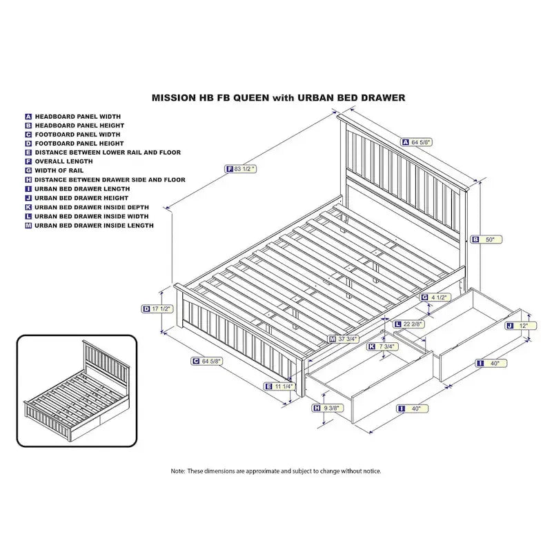 Queen Platform Bed with Mission Headboard, 2 Underbed Drawers & USB Charging, Solid Wood, Grey